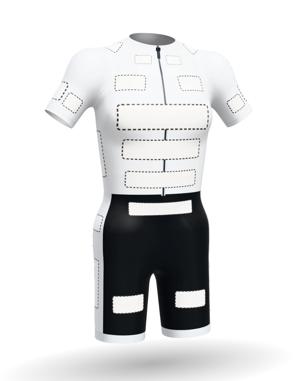 The tri suit from the front: white top, black shorts, with the logo spots outlined.